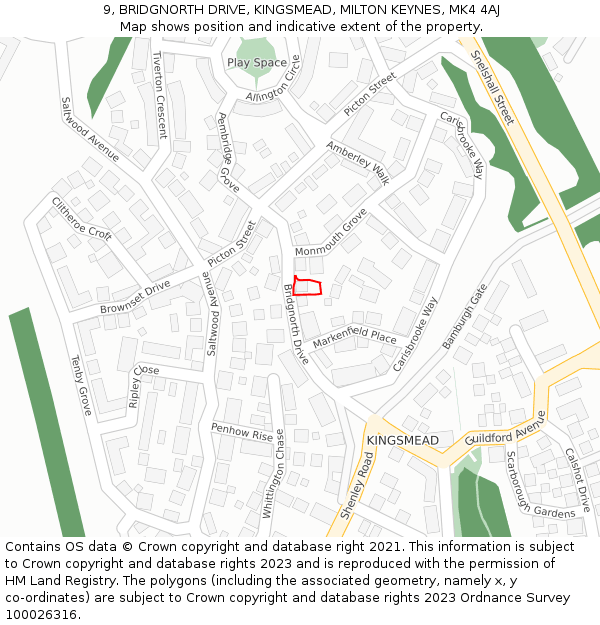 9, BRIDGNORTH DRIVE, KINGSMEAD, MILTON KEYNES, MK4 4AJ: Location map and indicative extent of plot