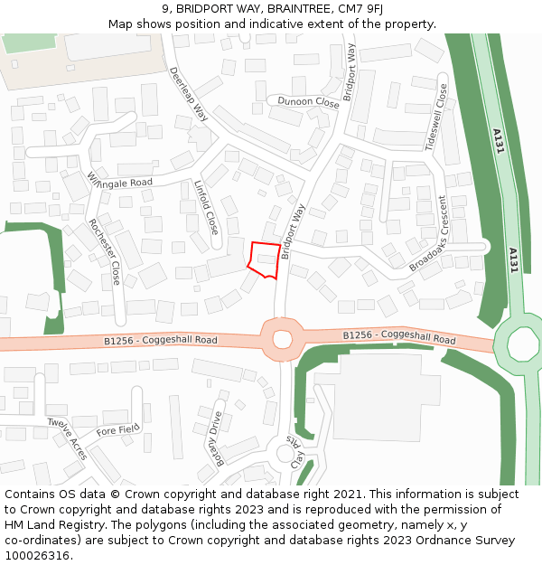 9, BRIDPORT WAY, BRAINTREE, CM7 9FJ: Location map and indicative extent of plot