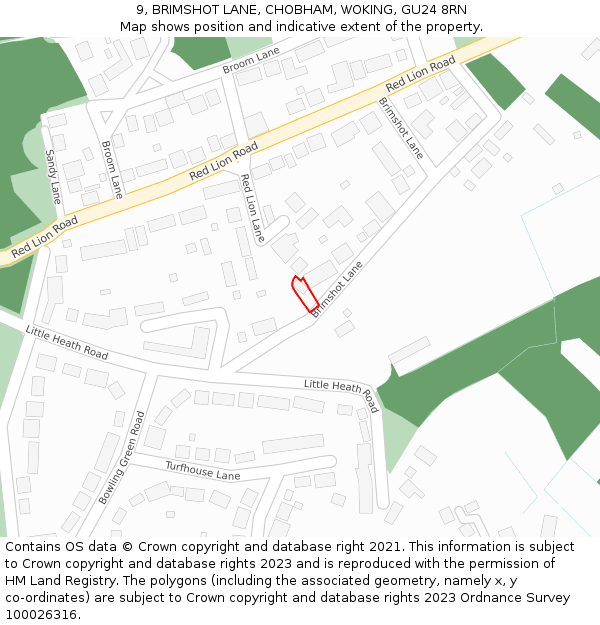 9, BRIMSHOT LANE, CHOBHAM, WOKING, GU24 8RN: Location map and indicative extent of plot