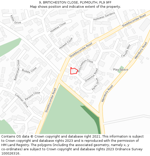 9, BRITICHESTON CLOSE, PLYMOUTH, PL9 9FF: Location map and indicative extent of plot