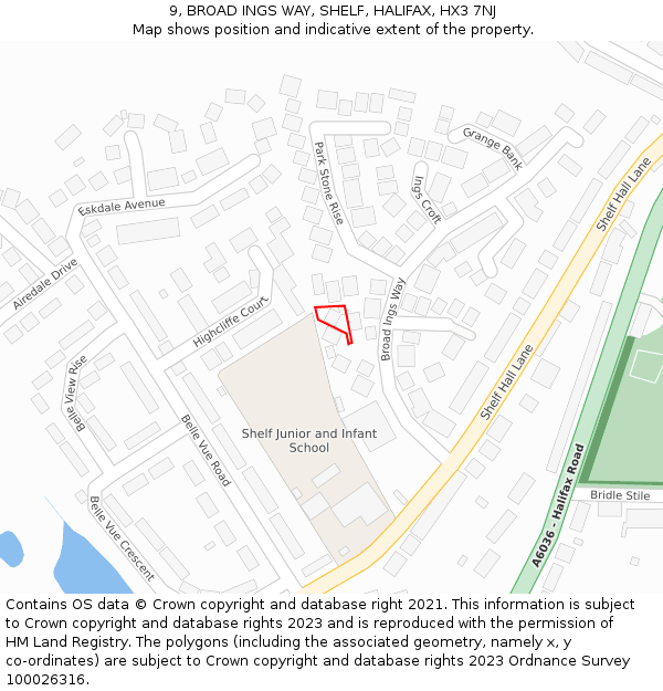 9, BROAD INGS WAY, SHELF, HALIFAX, HX3 7NJ: Location map and indicative extent of plot