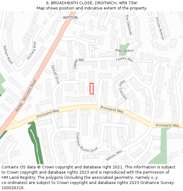 9, BROADHEATH CLOSE, DROITWICH, WR9 7SW: Location map and indicative extent of plot