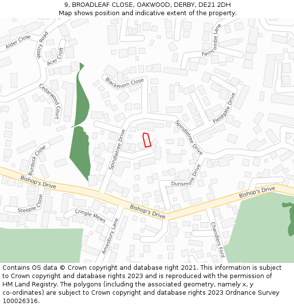 9, BROADLEAF CLOSE, OAKWOOD, DERBY, DE21 2DH: Location map and indicative extent of plot