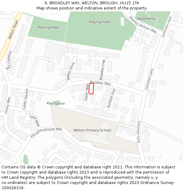 9, BROADLEY WAY, WELTON, BROUGH, HU15 1TA: Location map and indicative extent of plot