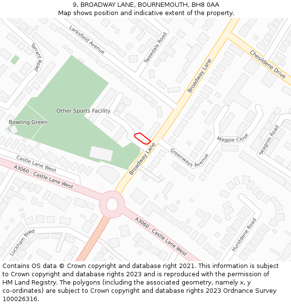 9, BROADWAY LANE, BOURNEMOUTH, BH8 0AA: Location map and indicative extent of plot