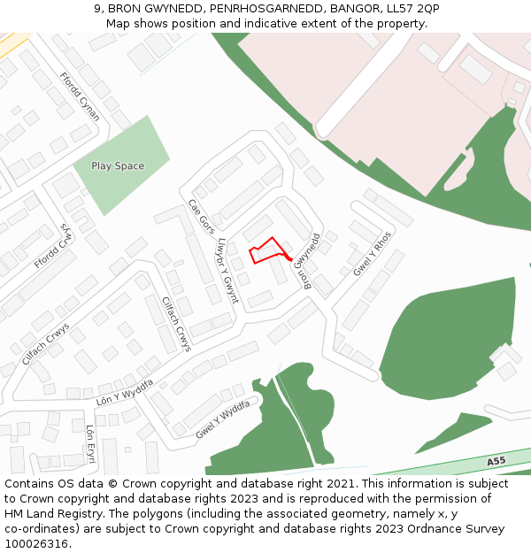 9, BRON GWYNEDD, PENRHOSGARNEDD, BANGOR, LL57 2QP: Location map and indicative extent of plot