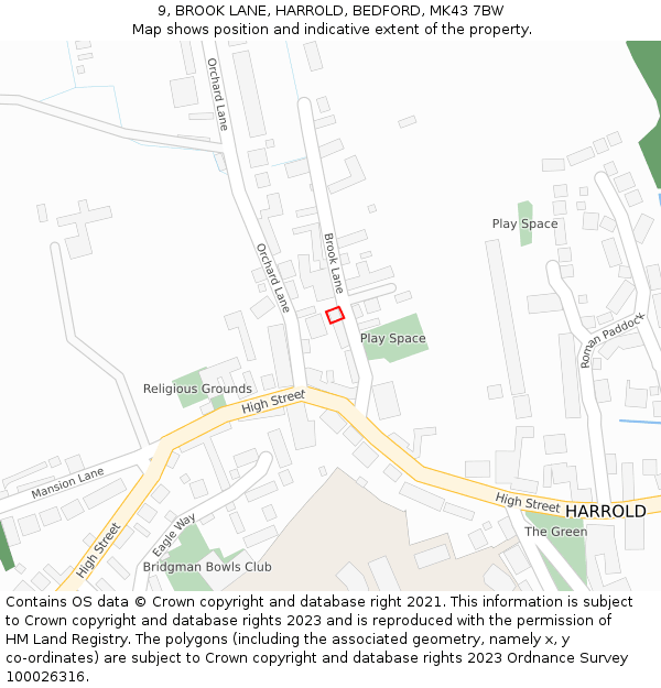 9, BROOK LANE, HARROLD, BEDFORD, MK43 7BW: Location map and indicative extent of plot