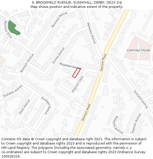 9, BROOKFIELD AVENUE, SUNNYHILL, DERBY, DE23 1HJ: Location map and indicative extent of plot