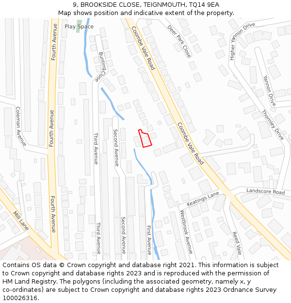 9, BROOKSIDE CLOSE, TEIGNMOUTH, TQ14 9EA: Location map and indicative extent of plot