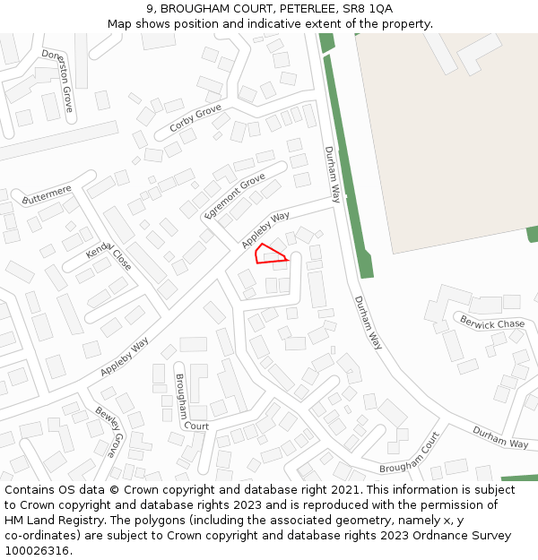 9, BROUGHAM COURT, PETERLEE, SR8 1QA: Location map and indicative extent of plot