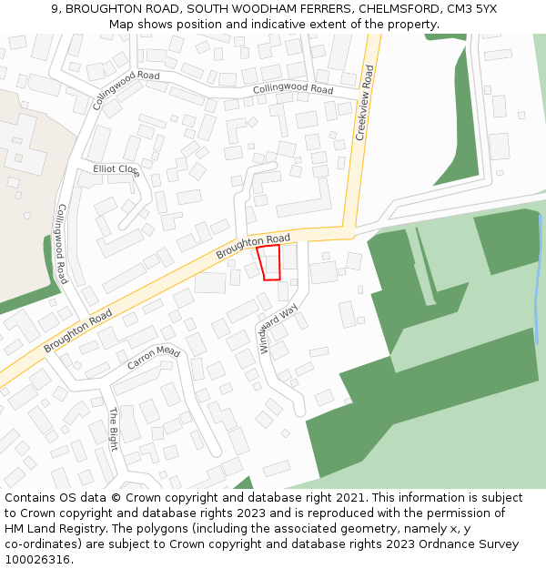 9, BROUGHTON ROAD, SOUTH WOODHAM FERRERS, CHELMSFORD, CM3 5YX: Location map and indicative extent of plot