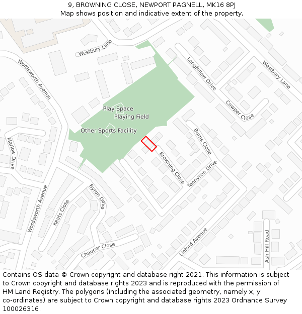 9, BROWNING CLOSE, NEWPORT PAGNELL, MK16 8PJ: Location map and indicative extent of plot