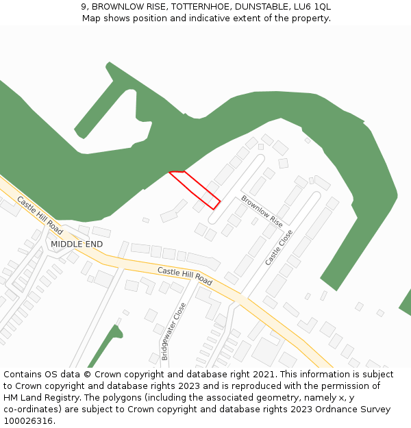 9, BROWNLOW RISE, TOTTERNHOE, DUNSTABLE, LU6 1QL: Location map and indicative extent of plot