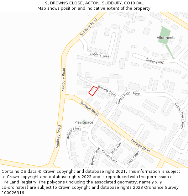 9, BROWNS CLOSE, ACTON, SUDBURY, CO10 0XL: Location map and indicative extent of plot