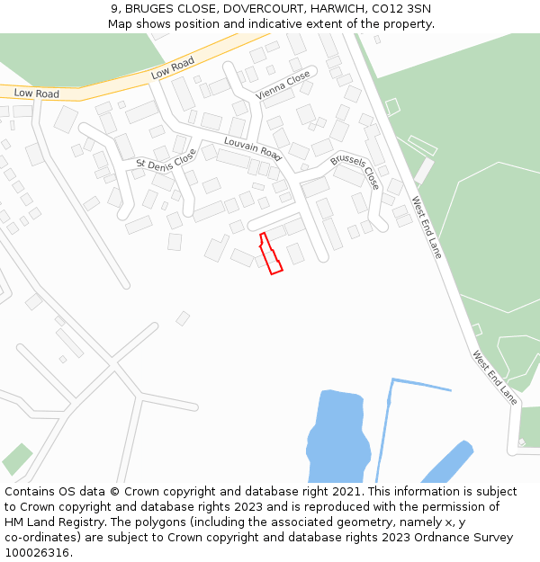 9, BRUGES CLOSE, DOVERCOURT, HARWICH, CO12 3SN: Location map and indicative extent of plot