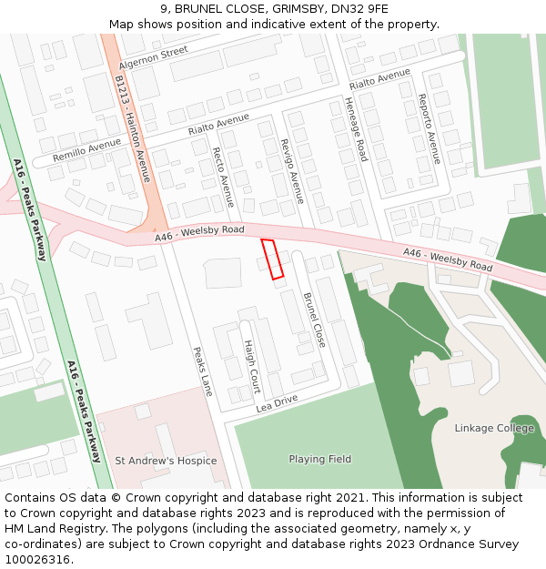 9, BRUNEL CLOSE, GRIMSBY, DN32 9FE: Location map and indicative extent of plot