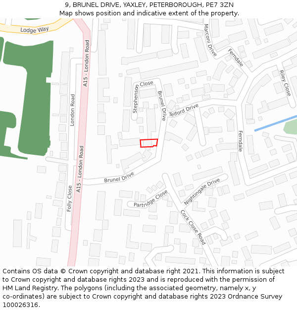9, BRUNEL DRIVE, YAXLEY, PETERBOROUGH, PE7 3ZN: Location map and indicative extent of plot