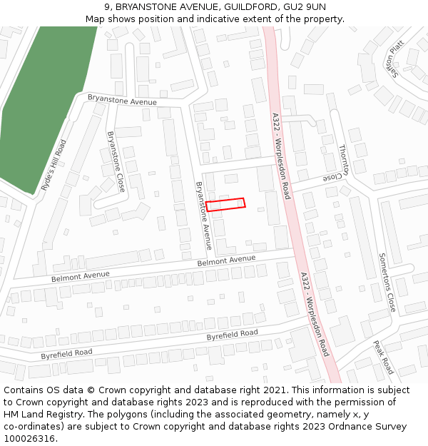 9, BRYANSTONE AVENUE, GUILDFORD, GU2 9UN: Location map and indicative extent of plot