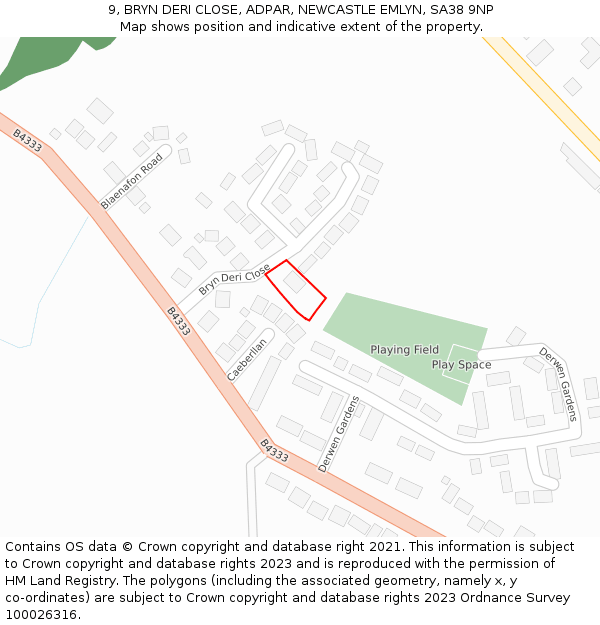 9, BRYN DERI CLOSE, ADPAR, NEWCASTLE EMLYN, SA38 9NP: Location map and indicative extent of plot