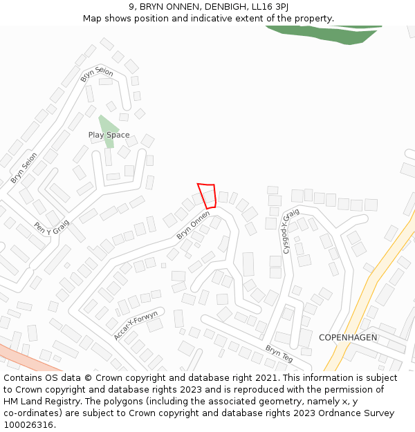 9, BRYN ONNEN, DENBIGH, LL16 3PJ: Location map and indicative extent of plot