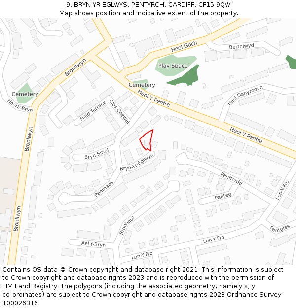 9, BRYN YR EGLWYS, PENTYRCH, CARDIFF, CF15 9QW: Location map and indicative extent of plot