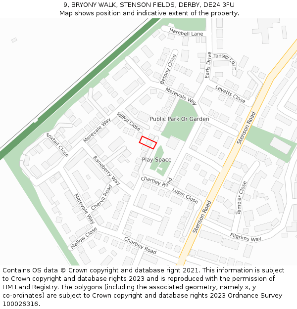 9, BRYONY WALK, STENSON FIELDS, DERBY, DE24 3FU: Location map and indicative extent of plot