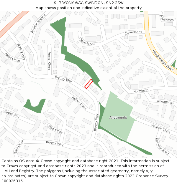 9, BRYONY WAY, SWINDON, SN2 2SW: Location map and indicative extent of plot