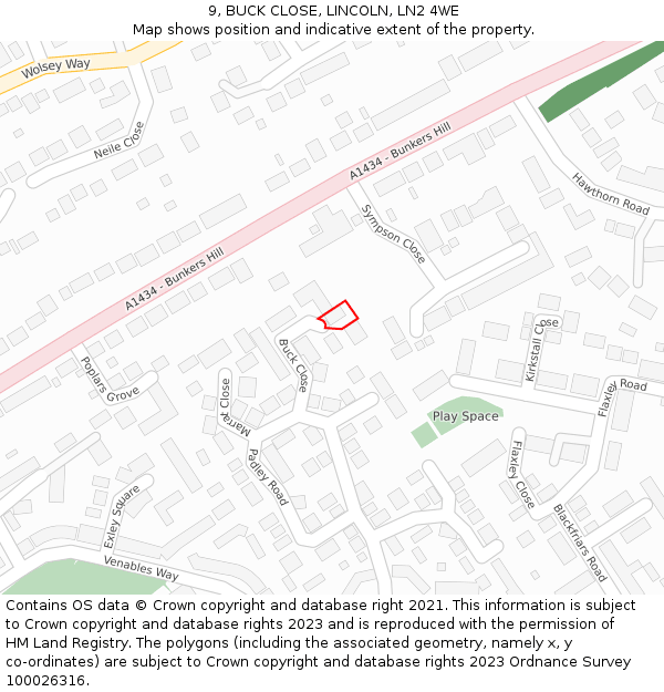 9, BUCK CLOSE, LINCOLN, LN2 4WE: Location map and indicative extent of plot