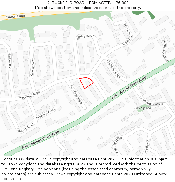 9, BUCKFIELD ROAD, LEOMINSTER, HR6 8SF: Location map and indicative extent of plot