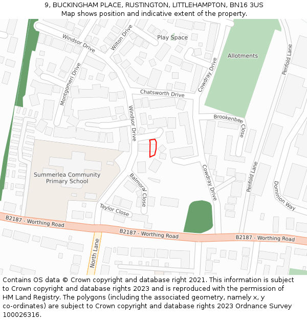 9, BUCKINGHAM PLACE, RUSTINGTON, LITTLEHAMPTON, BN16 3US: Location map and indicative extent of plot