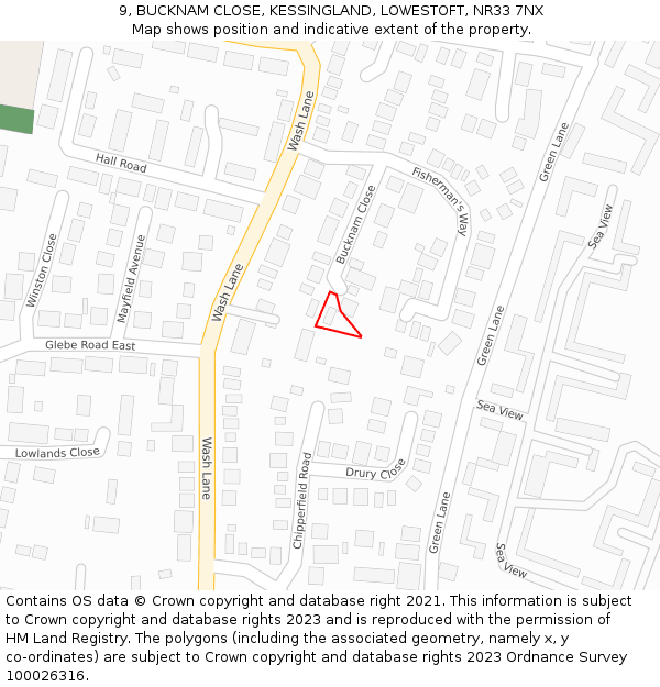 9, BUCKNAM CLOSE, KESSINGLAND, LOWESTOFT, NR33 7NX: Location map and indicative extent of plot