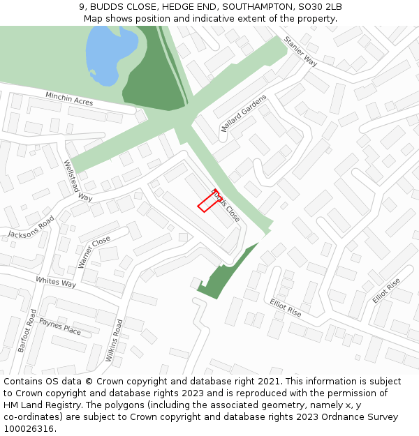 9, BUDDS CLOSE, HEDGE END, SOUTHAMPTON, SO30 2LB: Location map and indicative extent of plot