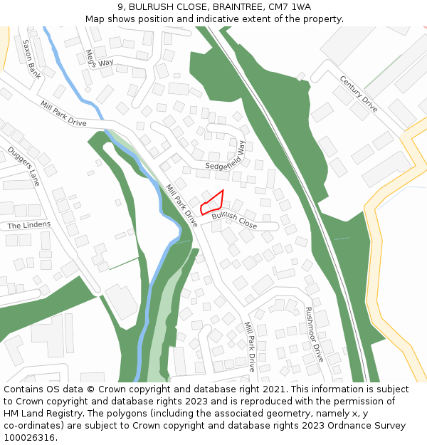9, BULRUSH CLOSE, BRAINTREE, CM7 1WA: Location map and indicative extent of plot