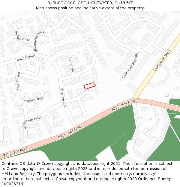 9, BURDOCK CLOSE, LIGHTWATER, GU18 5YP: Location map and indicative extent of plot