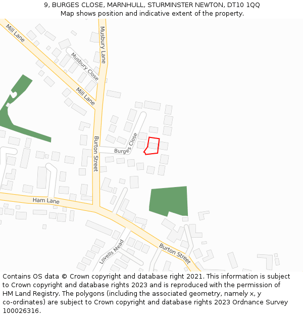 9, BURGES CLOSE, MARNHULL, STURMINSTER NEWTON, DT10 1QQ: Location map and indicative extent of plot