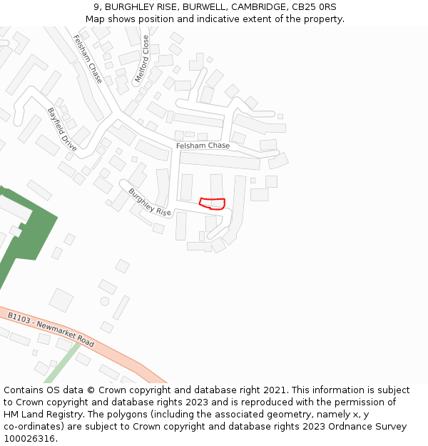 9, BURGHLEY RISE, BURWELL, CAMBRIDGE, CB25 0RS: Location map and indicative extent of plot