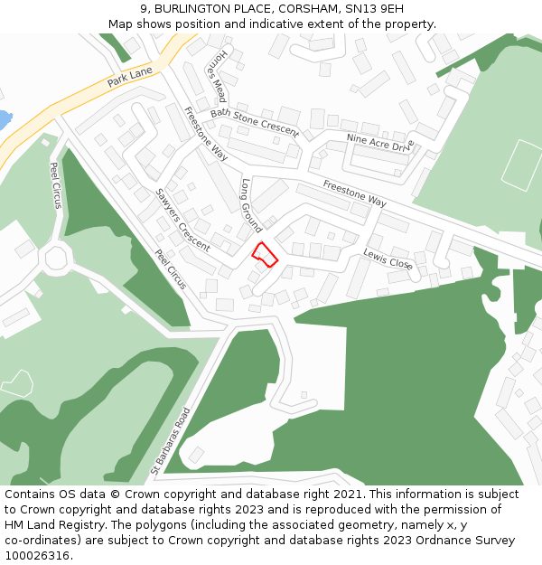 9, BURLINGTON PLACE, CORSHAM, SN13 9EH: Location map and indicative extent of plot
