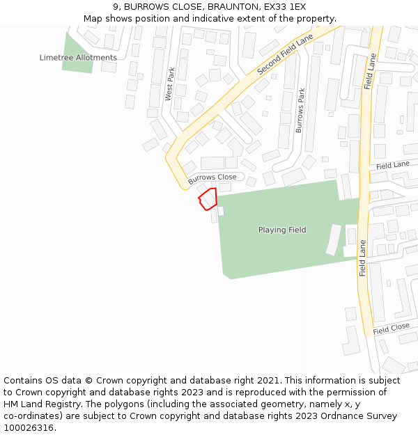 9, BURROWS CLOSE, BRAUNTON, EX33 1EX: Location map and indicative extent of plot