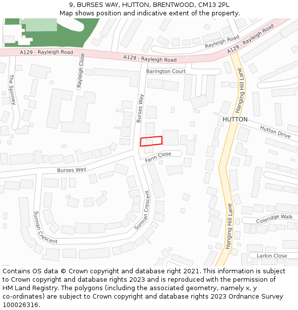 9, BURSES WAY, HUTTON, BRENTWOOD, CM13 2PL: Location map and indicative extent of plot