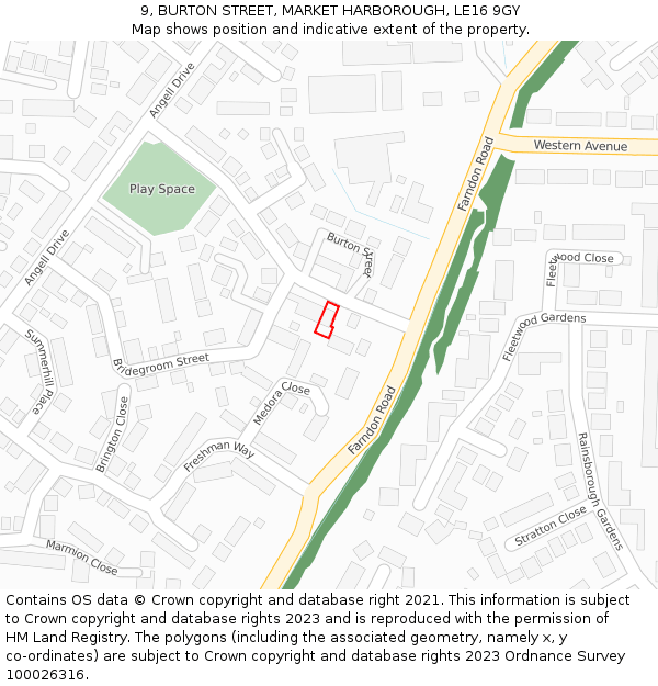 9, BURTON STREET, MARKET HARBOROUGH, LE16 9GY: Location map and indicative extent of plot