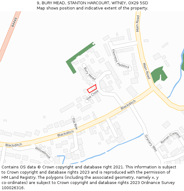 9, BURY MEAD, STANTON HARCOURT, WITNEY, OX29 5SD: Location map and indicative extent of plot