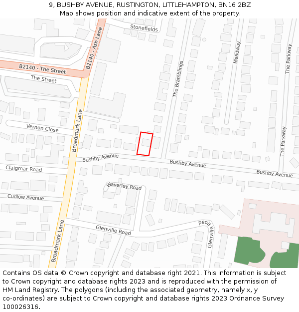 9, BUSHBY AVENUE, RUSTINGTON, LITTLEHAMPTON, BN16 2BZ: Location map and indicative extent of plot