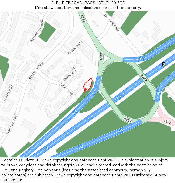 9, BUTLER ROAD, BAGSHOT, GU19 5QF: Location map and indicative extent of plot