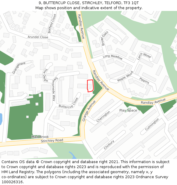 9, BUTTERCUP CLOSE, STIRCHLEY, TELFORD, TF3 1QT: Location map and indicative extent of plot