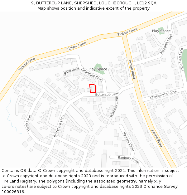 9, BUTTERCUP LANE, SHEPSHED, LOUGHBOROUGH, LE12 9QA: Location map and indicative extent of plot