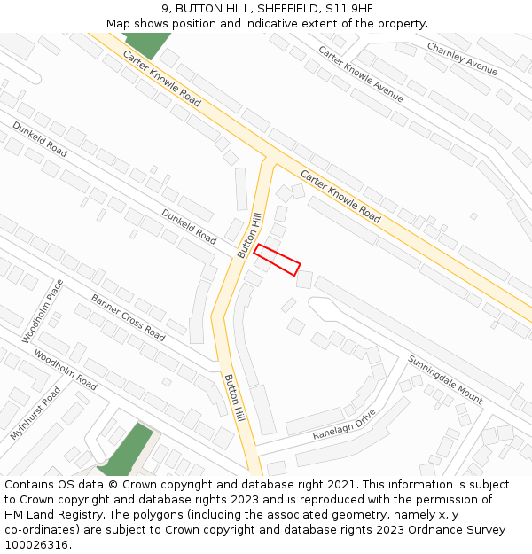 9, BUTTON HILL, SHEFFIELD, S11 9HF: Location map and indicative extent of plot