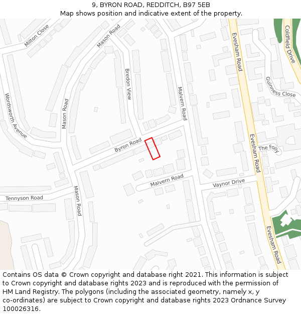 9, BYRON ROAD, REDDITCH, B97 5EB: Location map and indicative extent of plot