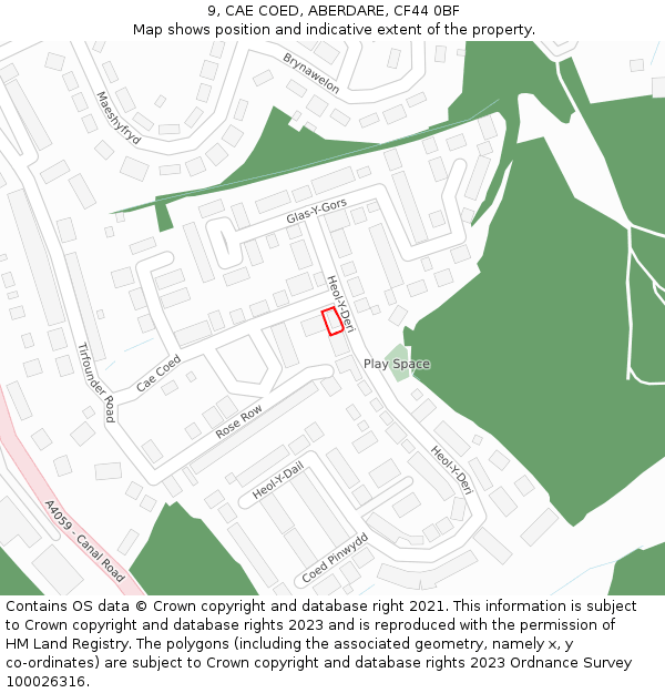 9, CAE COED, ABERDARE, CF44 0BF: Location map and indicative extent of plot