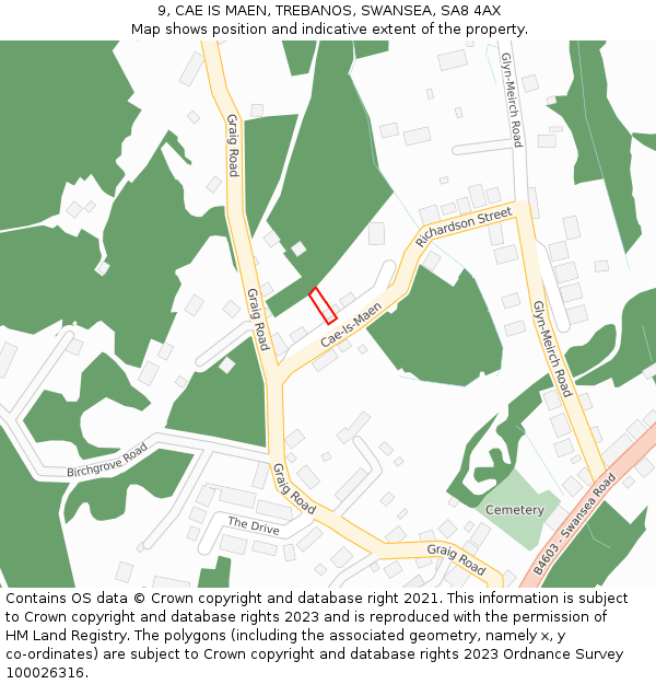 9, CAE IS MAEN, TREBANOS, SWANSEA, SA8 4AX: Location map and indicative extent of plot