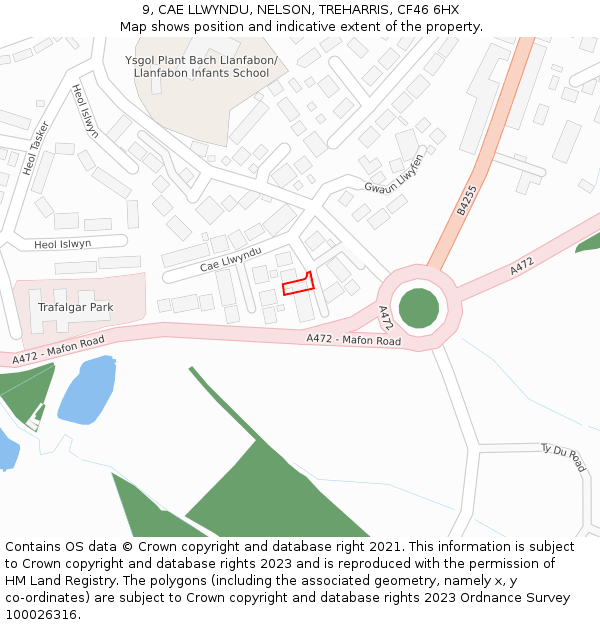 9, CAE LLWYNDU, NELSON, TREHARRIS, CF46 6HX: Location map and indicative extent of plot